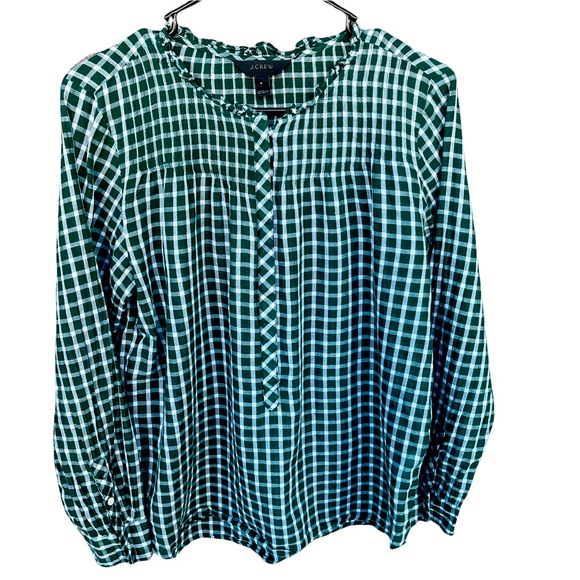 J. Crew Tops - J.Crew Green Gingham Smocked Shoulder Ruffle Colllar Lightweight Shirt Size 6
